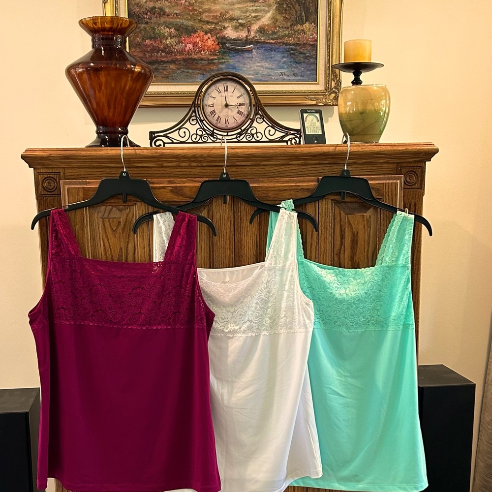 CJ Banks Set of Three Lace Trim Camisoles - Burgundy, White, Mint